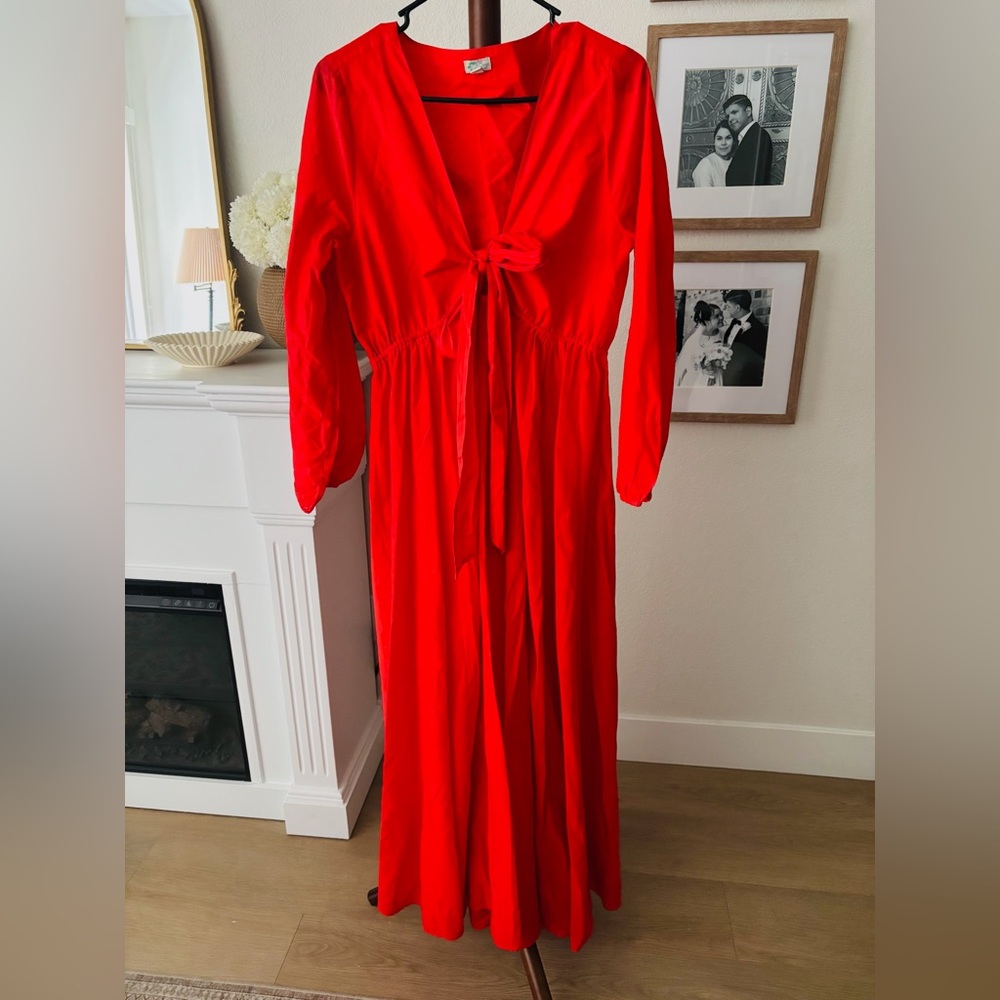 J. Crew Red V-Neck Tie-Front Long Sleeve Maxi Dress